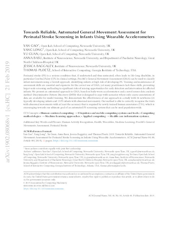 Towards Reliable, Automated General Movement Assessment for Perinatal Stroke Screening in Infants Using Wearable Accelerometers Thumbnail