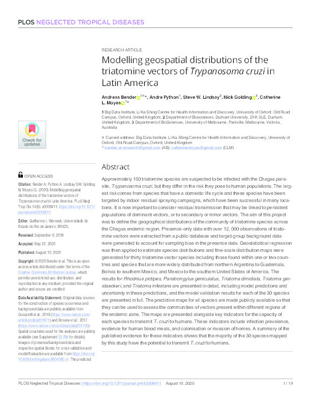 Modelling geospatial distributions of the triatomine vectors of Trypanosoma cruzi in Latin America Thumbnail