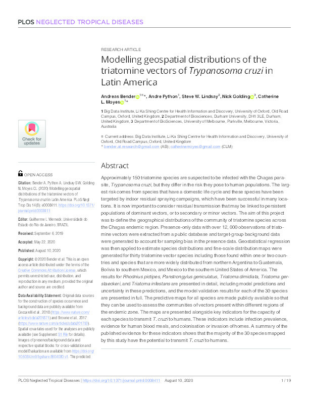 Modelling geospatial distributions of the triatomine vectors of Trypanosoma cruzi in Latin America Thumbnail