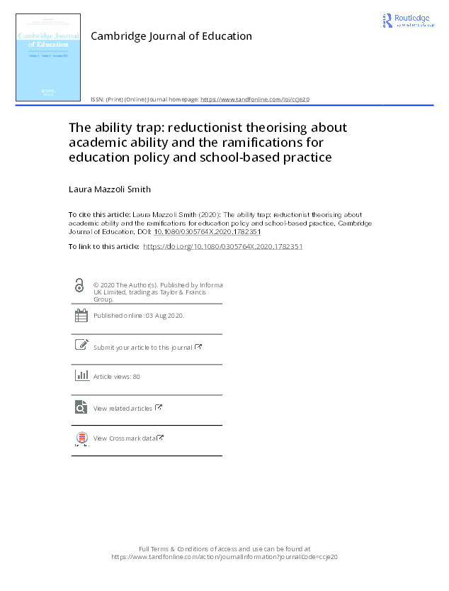 The ability trap: reductionist theorising about academic ability and the ramifications for education policy and school-based practice Thumbnail