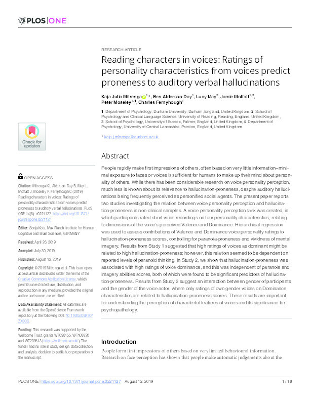 Reading characters in voices: Ratings of personality characteristics from voices predict proneness to auditory verbal hallucinations Thumbnail