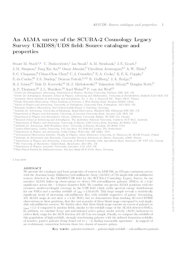 An ALMA survey of the SCUBA-2 Cosmology Legacy Survey UKIDSS/UDS field: Source catalogue and properties Thumbnail