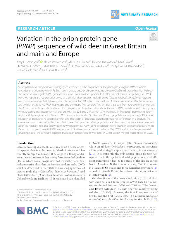 Variation in the prion protein gene (PRNP) sequence of wild deer in Great Britain and mainland Europe Thumbnail