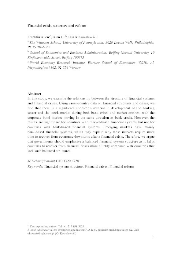 Financial crisis, structure and reform Thumbnail