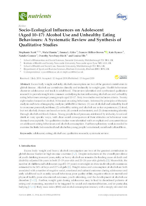Socio-Ecological Influences on Adolescent (Aged 10–17) Alcohol Use and Unhealthy Eating Behaviours: A Systematic Review and Synthesis of Qualitative Studies Thumbnail