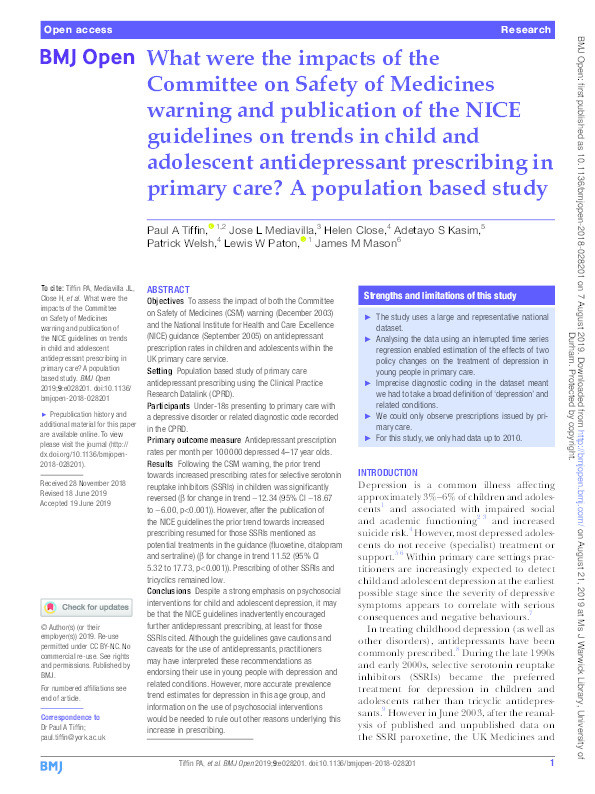 What were the impacts of the Committee on Safety of Medicines warning and publication of the NICE guidelines on trends in child and adolescent antidepressant prescribing in primary care? A population based study Thumbnail