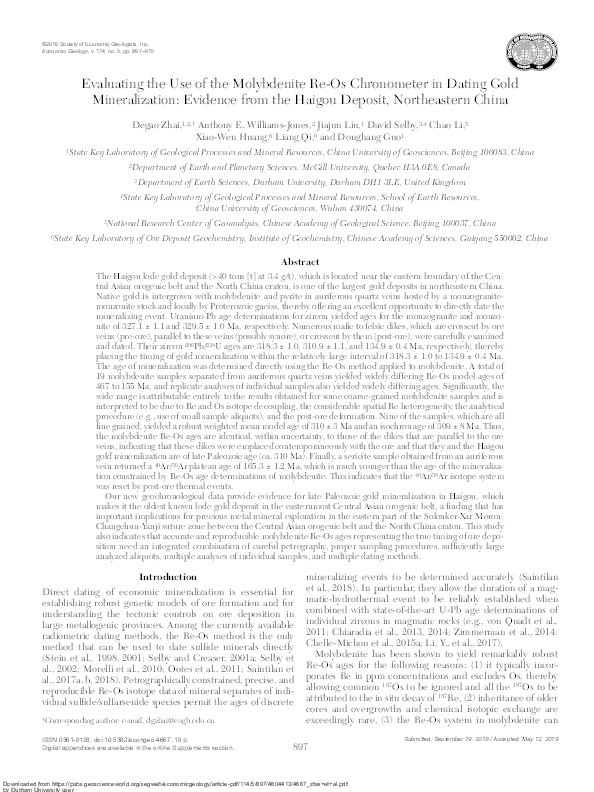 Evaluating the Use of the Molybdenite Re-Os Chronometer in Dating Gold Mineralization: Evidence from the Haigou Deposit, Northeastern China Thumbnail