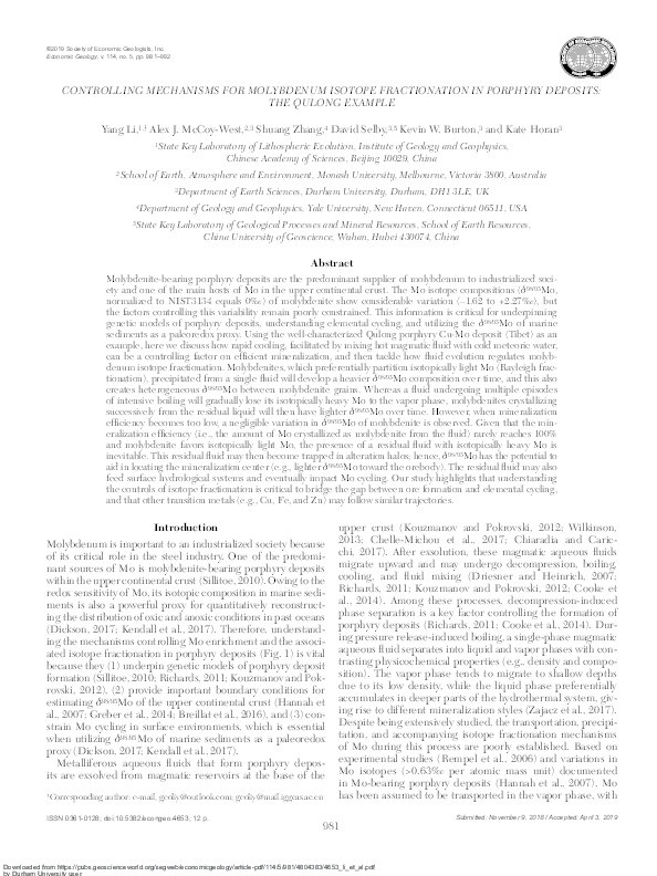 Controlling Mechanisms for Molybdenum Isotope Fractionation in Porphyry Deposits: The Qulong Example Thumbnail