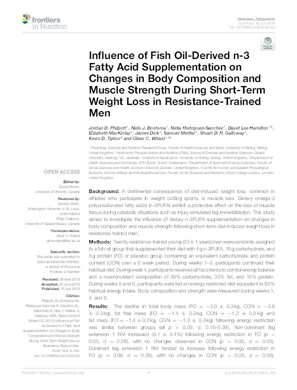 Influence of Fish Oil-Derived n-3 Fatty Acid Supplementation on Changes in Body Composition and Muscle Strength During Short-Term Weight Loss in Resistance-Trained Men Thumbnail