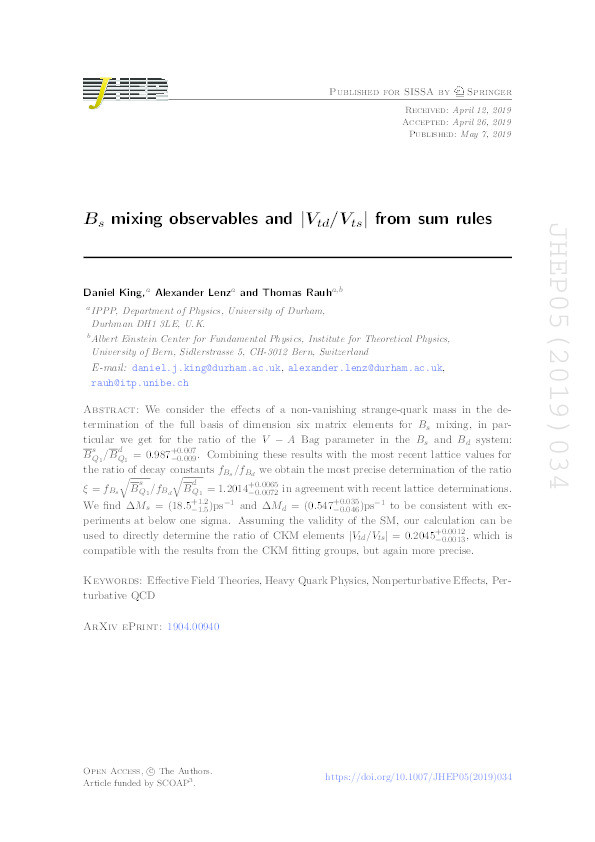 Bs mixing observables and |Vtd/Vts| from sum rules Thumbnail