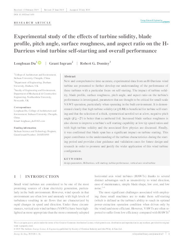 Experimental study of the effects of turbine solidity, blade profile, pitch angle, surface roughness and aspect ratio on the H-Darrieus wind turbine self-starting and overall performance Thumbnail