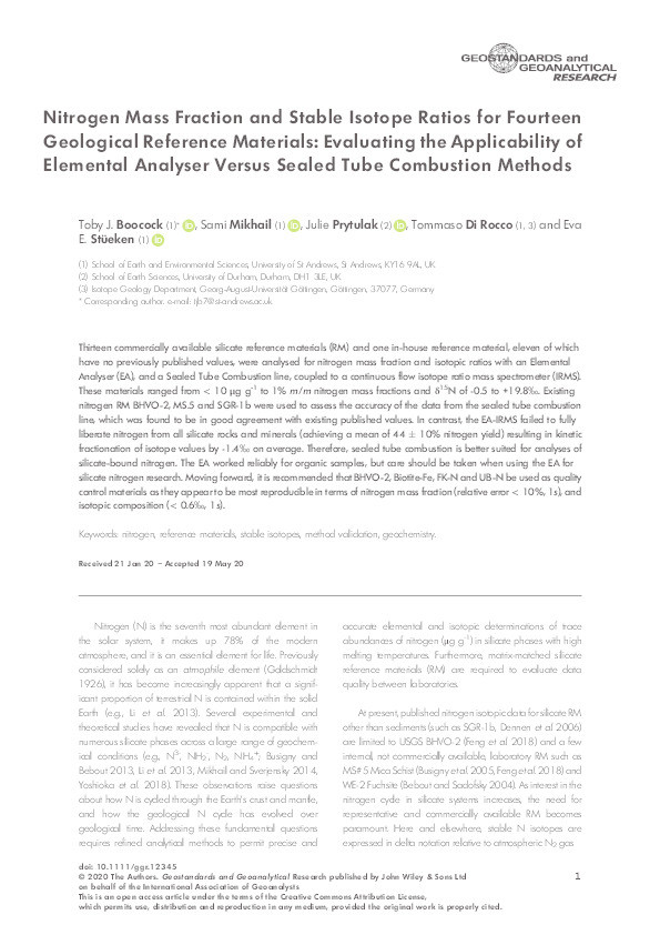 Nitrogen Mass Fraction and Stable Isotope Ratios for Fourteen Geological Reference Materials: Evaluating the Applicability of Elemental Analyser Versus Sealed Tube Combustion Methods Thumbnail