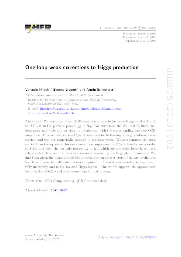 One-loop weak corrections to Higgs production Thumbnail