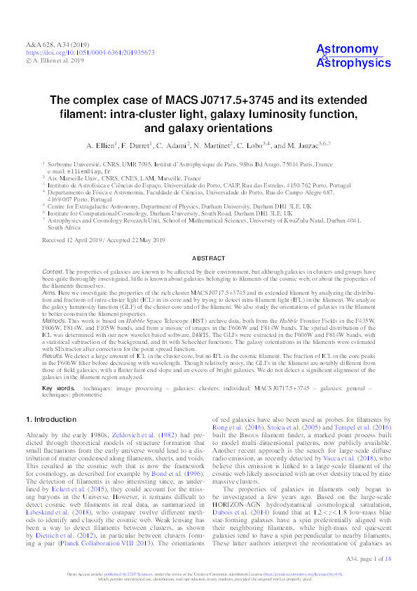 The complex case of MACS J0717.5+3745 and its extended filament: intra-cluster light, galaxy luminosity function, and galaxy orientations Thumbnail