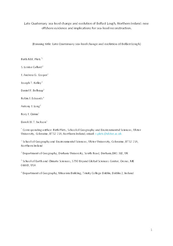 Late Quaternary sea-level change and evolution of Belfast Lough, Northern Ireland: new offshore evidence and implications for sea-level reconstruction Thumbnail
