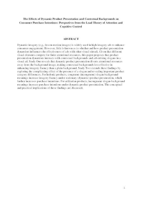 The Effects of Dynamic Product Presentation and Contextual Backgrounds on Consumer Purchase Intentions: Perspectives from the Load Theory of Attention and Cognitive Control Thumbnail