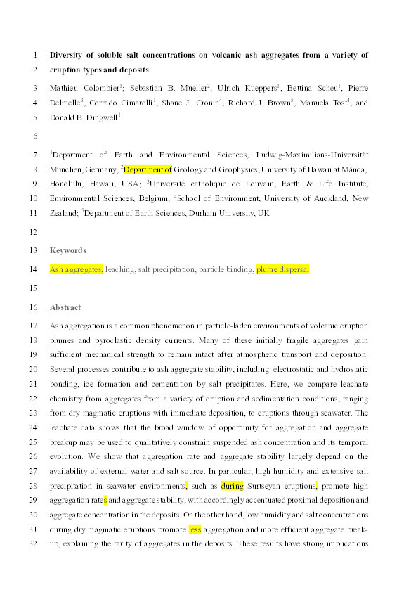 Diversity of soluble salt concentrations on volcanic ash aggregates from a variety of eruption types and deposits Thumbnail