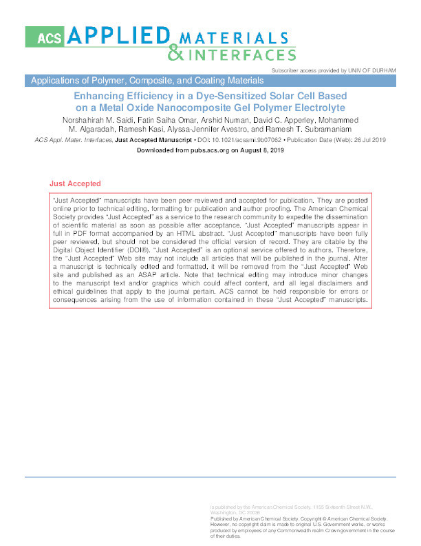 Enhancing the Efficiency in a Dye-Sensitized Solar Cell Based on a Metal Oxide Nanocomposite Gel Polymer Electrolyte Thumbnail