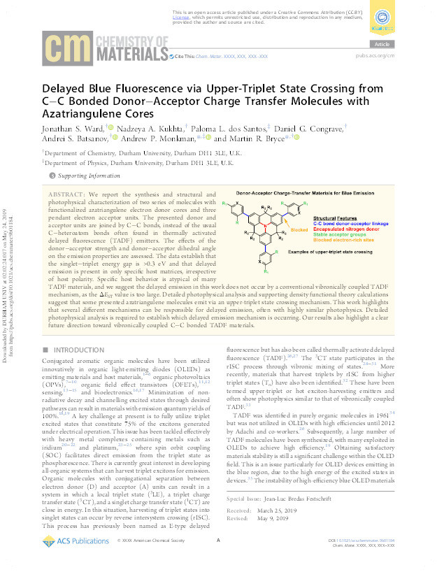 Delayed Blue Fluorescence via Upper-triplet State Crossing from C-C Bonded Donor-Acceptor Charge-Transfer Molecules with Azatriangulene cores Thumbnail