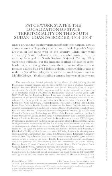 Patchwork States: the localization of state territoriality on the South Sudan-Uganda border, 1914-2014 Thumbnail