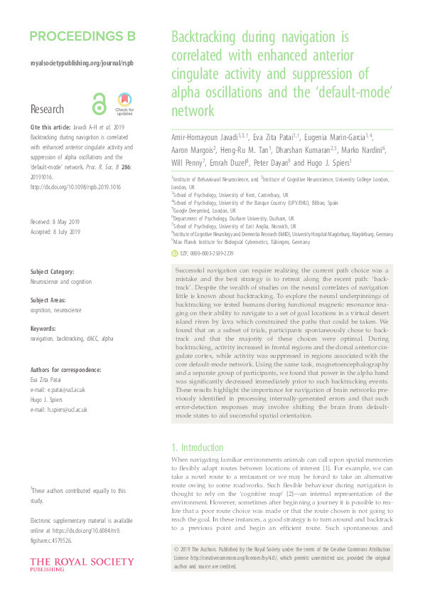 Backtracking during navigation is correlated with enhanced anterior cingulate activity and suppression of alpha oscillations and the ‘default-mode’ network Thumbnail