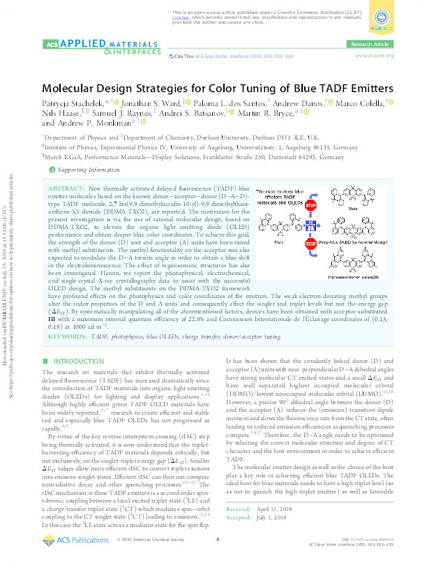 Molecular Design Strategies for Color Tuning of Blue TADF Emitters Thumbnail