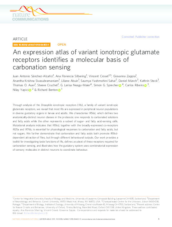 An expression atlas of variant ionotropic glutamate receptors identifies a molecular basis of carbonation sensing Thumbnail