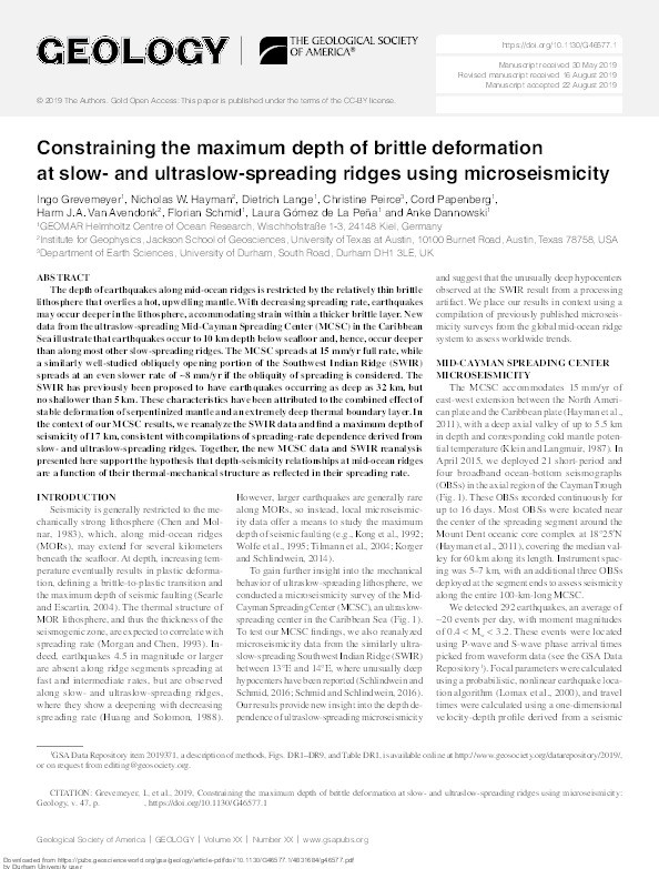 Constraining the maximum depth of brittle deformation at slow- and ultraslow-spreading ridges using microseismicity Thumbnail