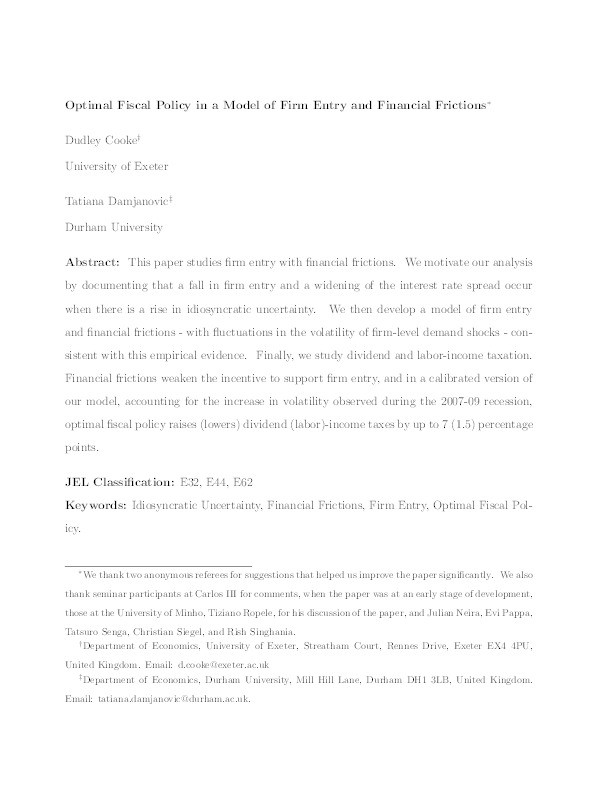 Optimal Fiscal Policy in a Model of Firm Entry and Financial Frictions Thumbnail