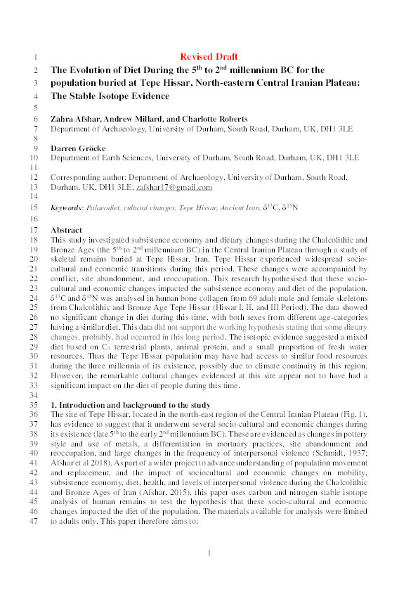 The Evolution of Diet During the 5th to 2nd millennium BCE for the ‎population buried at Tepe Hissar, North-eastern Central Iranian Plateau: ‎The Stable Isotope Evidence Thumbnail