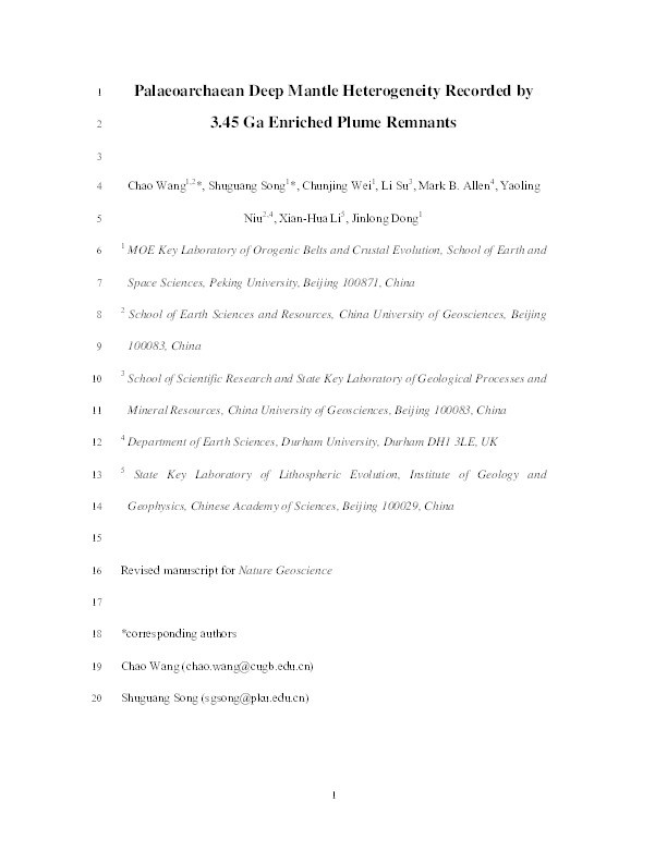 Palaeoarchaean deep mantle heterogeneity recorded by enriched plume remnants Thumbnail