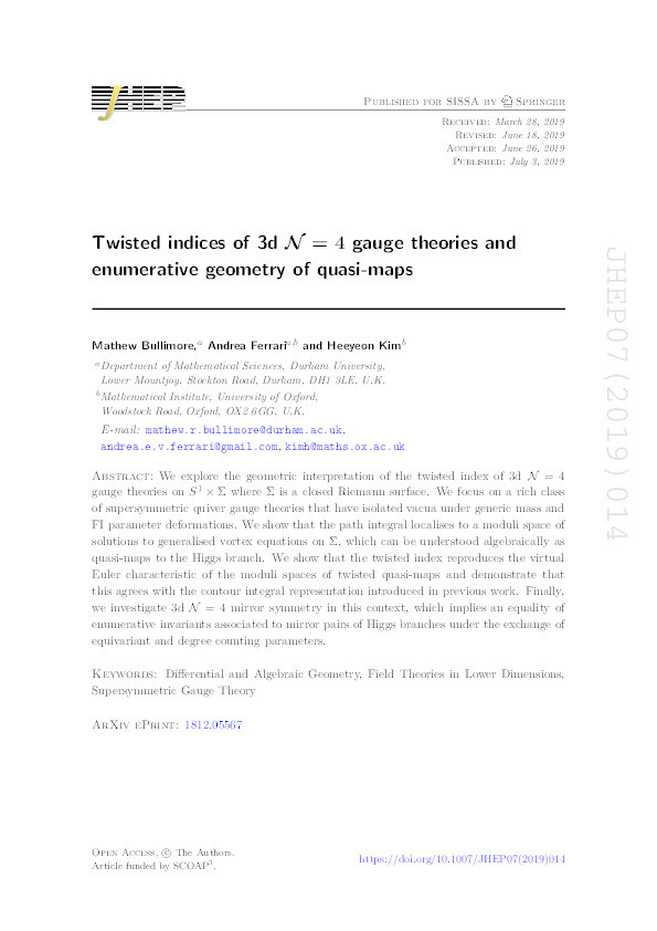 Twisted indices of 3d N = 4 gauge theories and enumerative geometry of quasi-maps Thumbnail