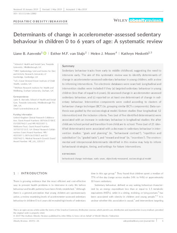 Determinants of change in accelerometer-assessed sedentary behaviour in children 0 to 6 years of age: A systematic review Thumbnail