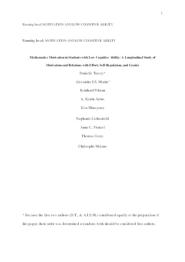 Mathematics Motivation in Students with Low Cognitive Ability: A Longitudinal Study of Motivation and Relations with Effort, Self-Regulation, and Grades Thumbnail