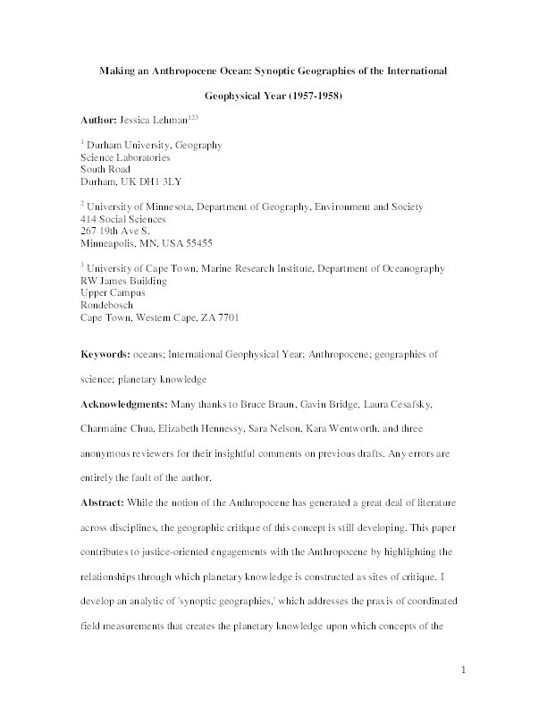 Making an Anthropocene Ocean: Synoptic Geographies of the International Geophysical Year (1957‐1958) Thumbnail