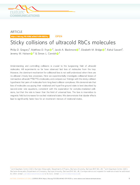 Sticky collisions of ultracold RbCs molecules Thumbnail