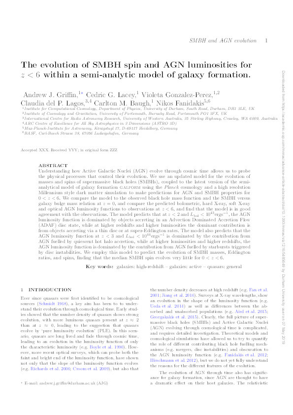 The evolution of SMBH spin and AGN luminosities for z < 6 within a semi-analytic model of galaxy formation Thumbnail