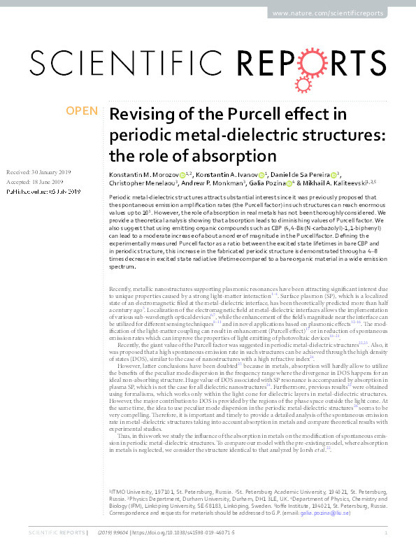 Revising of the Purcell effect in periodic metal-dielectric structures: the role of absorption Thumbnail