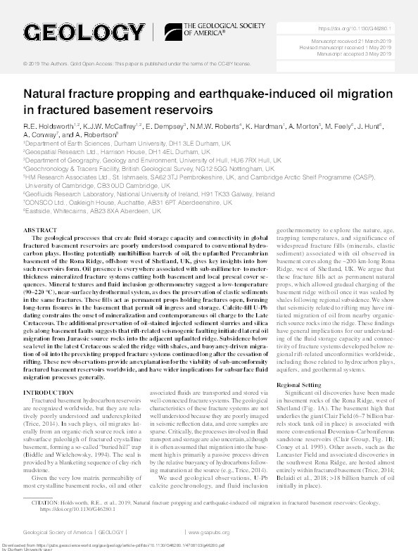 Natural fracture propping and earthquake-induced oil migration in fractured basement reservoirs Thumbnail