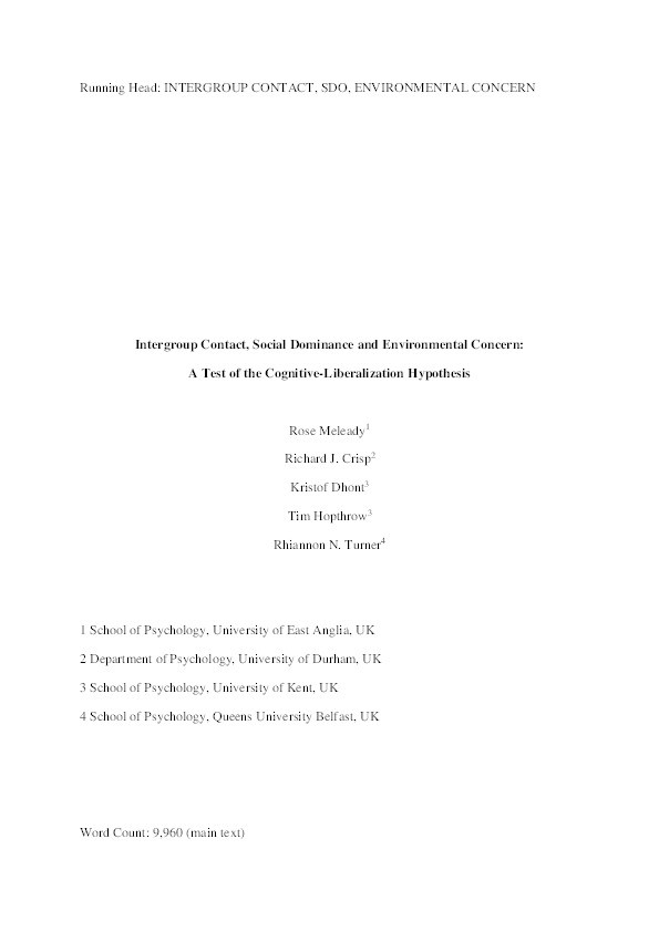 Intergroup Contact, Social Dominance and Environmental Concern: A Test of the Cognitive-Liberalization Hypothesis Thumbnail