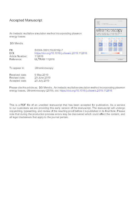 An inelastic multislice simulation method incorporating plasmon energy losses Thumbnail