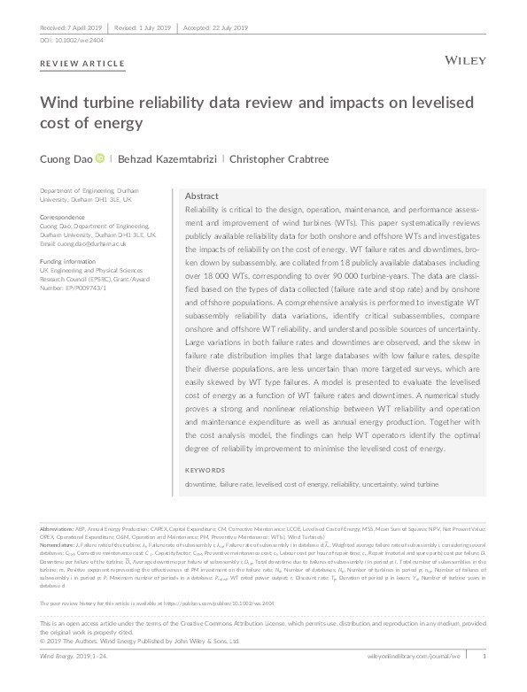 Wind Turbine Reliability Data Review and Impacts on Levelised Cost of Energy Thumbnail