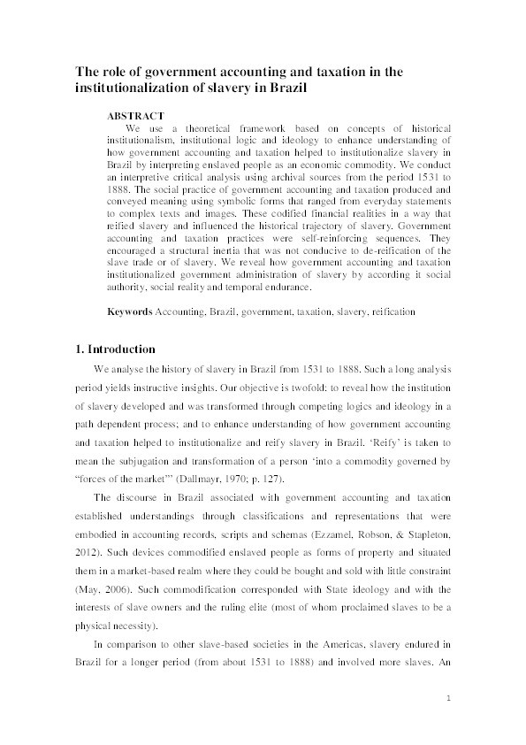 The role of government accounting and taxation in the institutionalization of slavery in Brazil Thumbnail