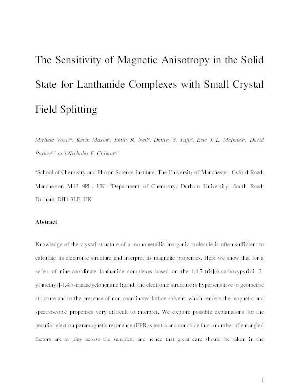 Sensitivity of Magnetic Anisotropy in the Solid State for Lanthanide Complexes with Small Crystal Field Splitting Thumbnail
