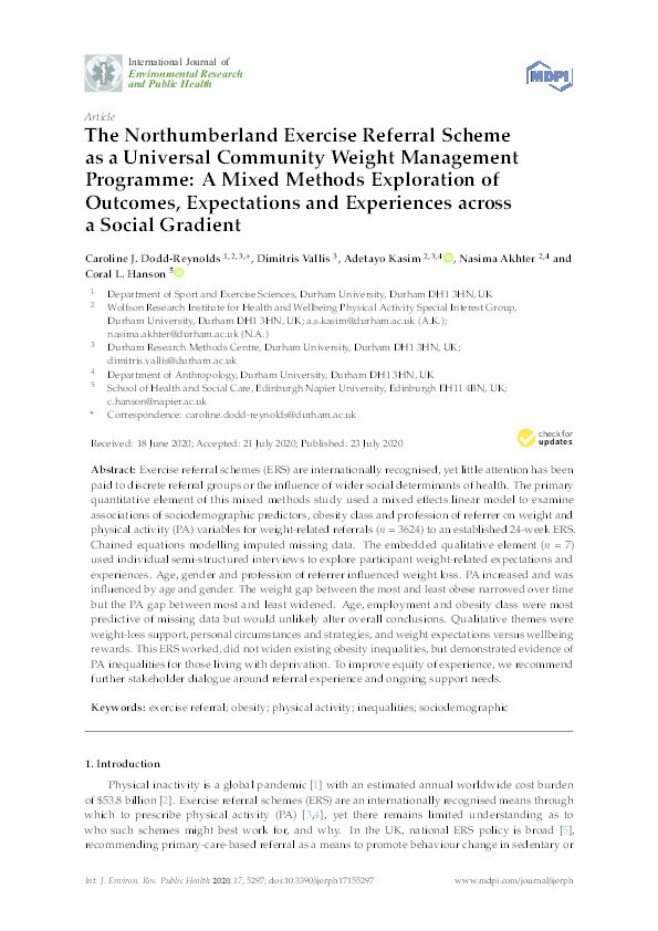 The Northumberland Exercise Referral Scheme as a universal community weight management programme: a mixed methods exploration of outcomes, expectations and experiences across a social gradient Thumbnail