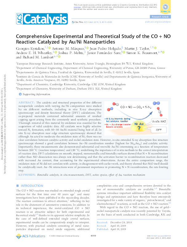 Comprehensive Experimental and Theoretical Study of the CO + NO Reaction Catalyzed by Au/Ni Nanoparticles Thumbnail
