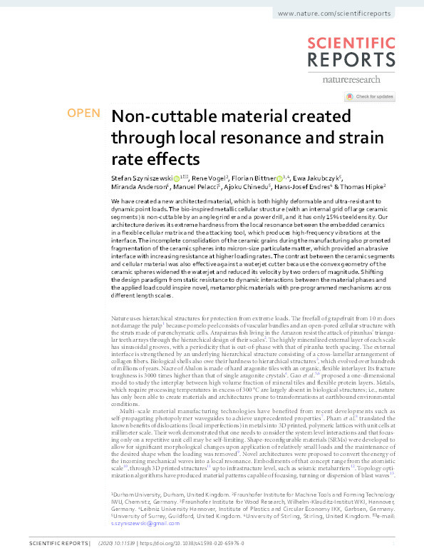 Non-cuttable material created through local resonance and strain rate effects Thumbnail
