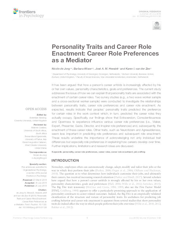 Personality Traits and Career Role Enactment: Career Role Preferences as a Mediator Thumbnail