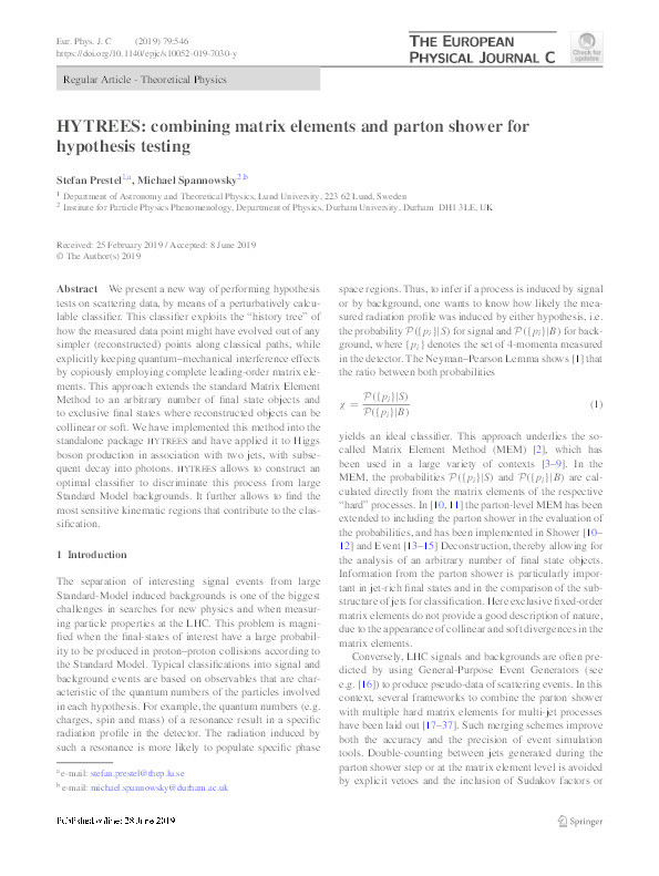 HYTREES: combining matrix elements and parton shower for hypothesis testing Thumbnail