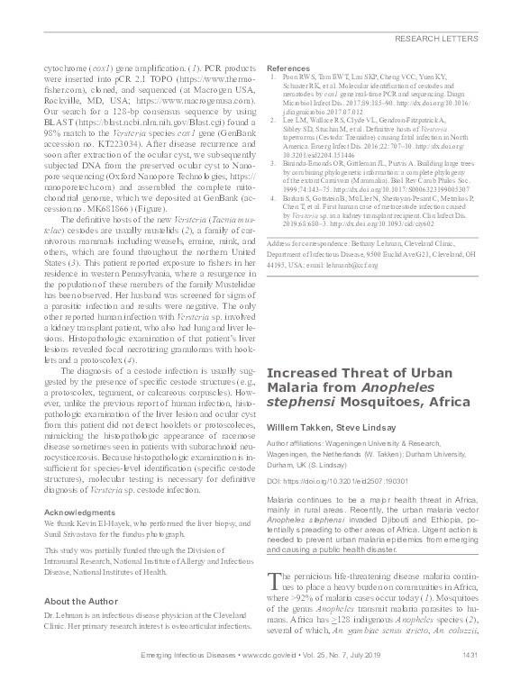 Increased Threat of Urban Malaria from Anopheles stephensi Mosquitoes, Africa Thumbnail